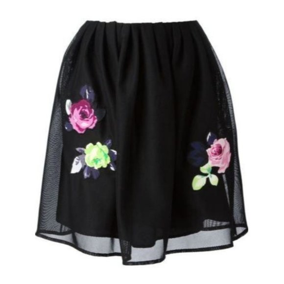 $325 CARVEN Net Overlay FLORAL EMBROIDERED Tulle SKIRT Black ( M )